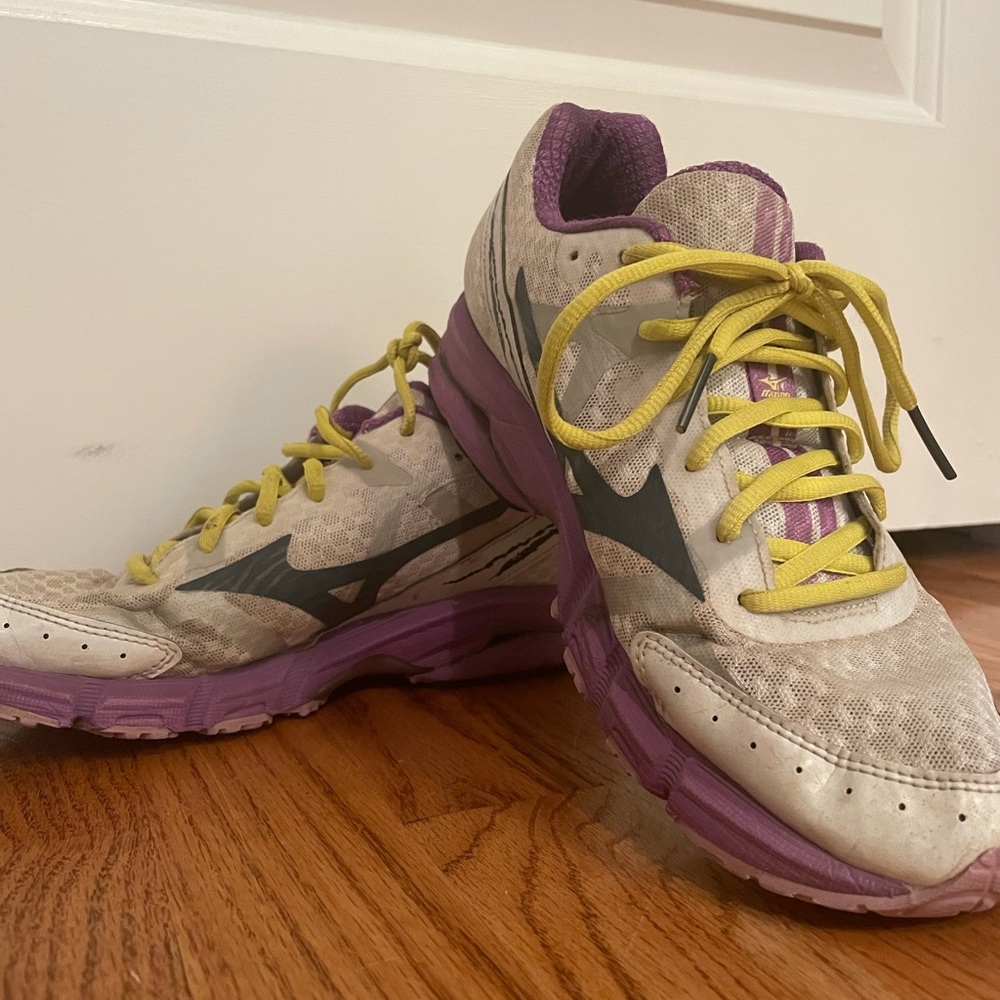 Women’s Purple, Yellow, and White Mizuno Wave Rider Running Shoes